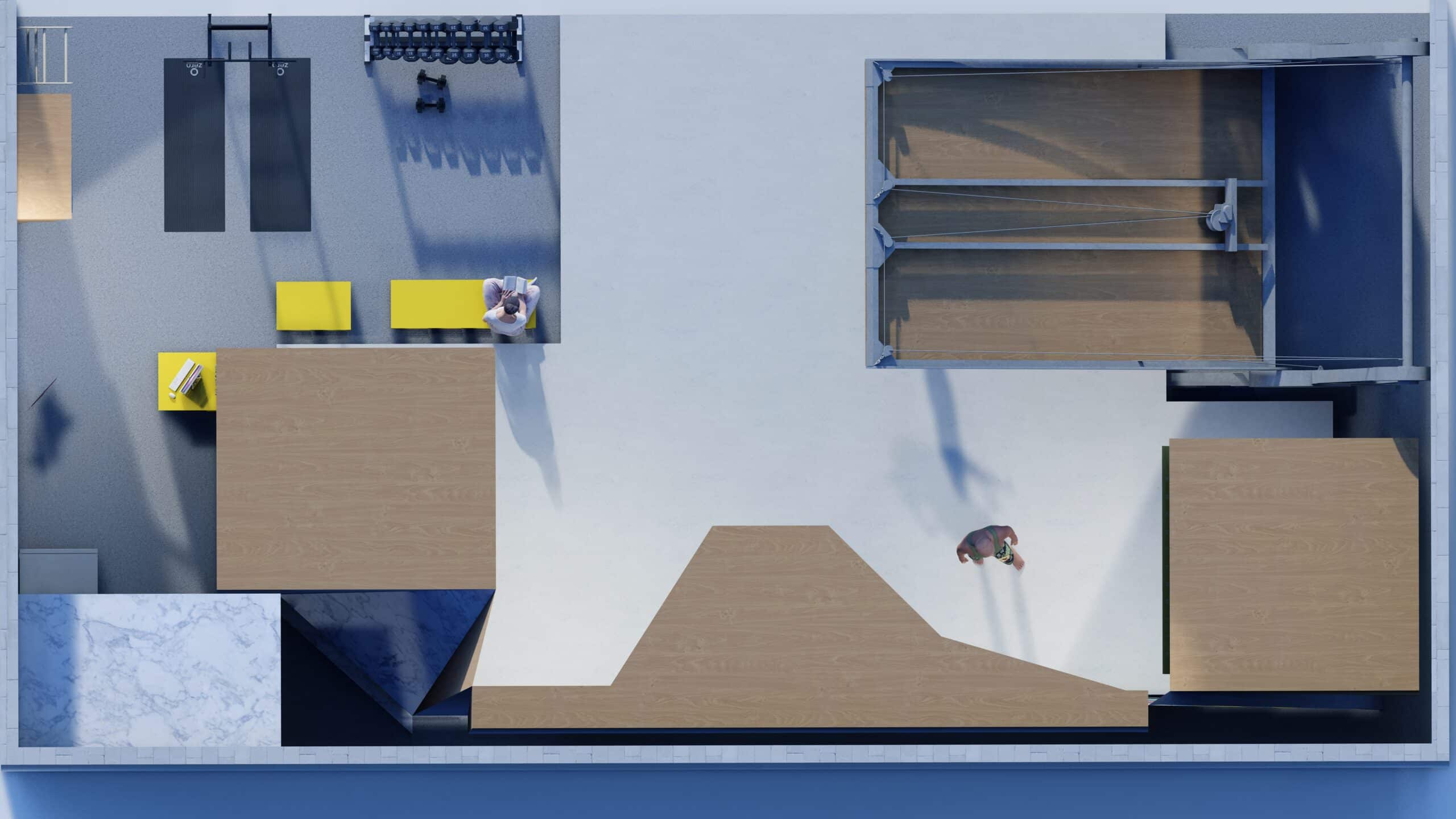 Wall Walkers bouldering and calisthenics facility concept rendering showing climbing areas, training zones, reception, and specialized boards